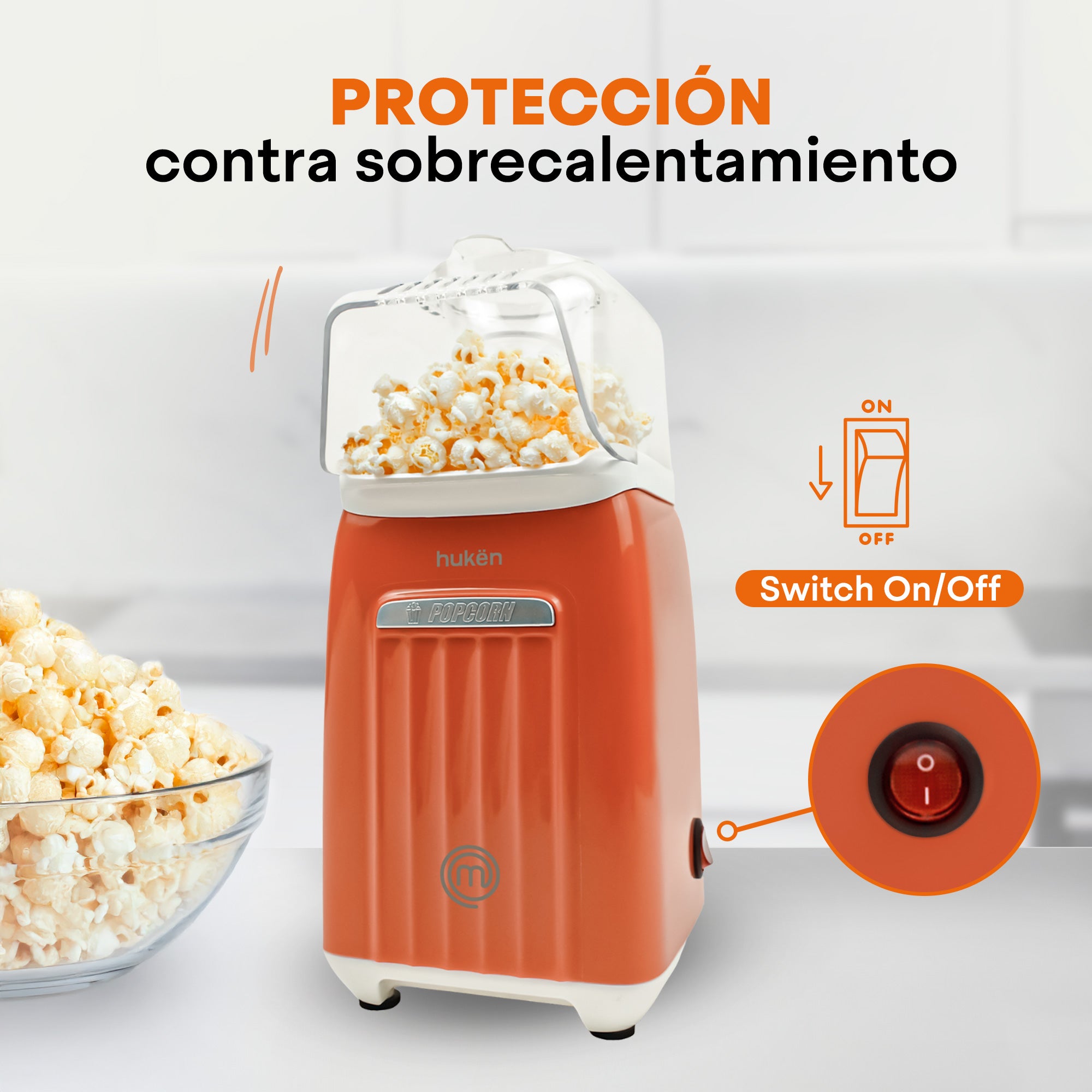 Máquina de Palomitas AirPop Retro 80g | Edición Especial Naranja | Tecnología de Aire Caliente | Calentamiento FLASH | Switch de Encendido | Protección Contra Sobrecalentamiento | Hukën x MasterChef