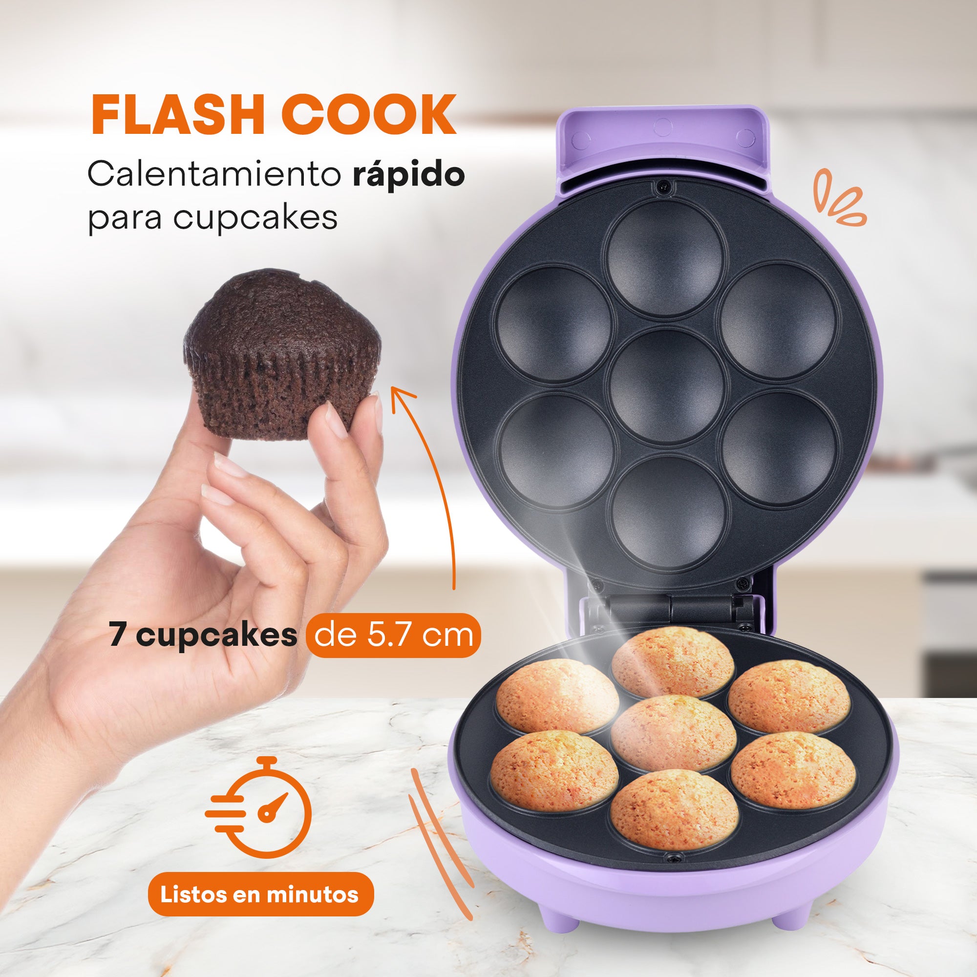 Máquina de Cupcakes SWEET+ | 7 Mini Cupcakes de 5.7cm | Tecnología FLASH-COOK | Calentamiento Rápido y Uniforme | Antiadherente | Luces Indicadoras | Diseño Compacto | Hukën x MasterChef