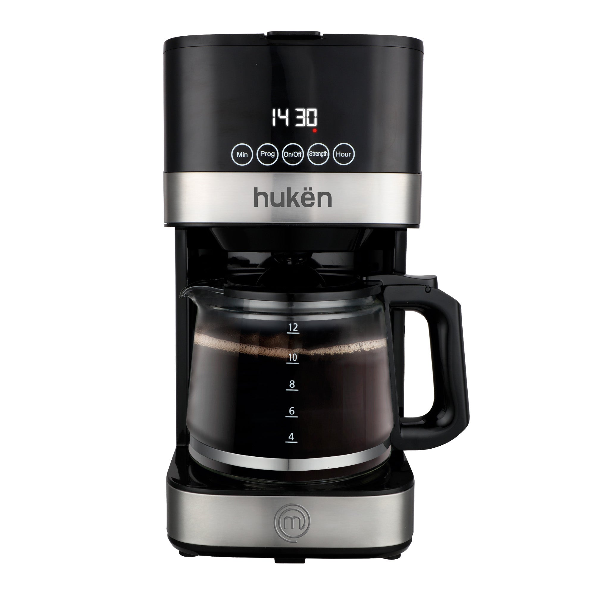 Cafetera Programable Smart-Brew 12 Tazas con Jarra de Vidrio Resistente | Panel Touch | Pausa para Servir | Reloj Digital | Acero Inoxidable | Hukën x MasterChef