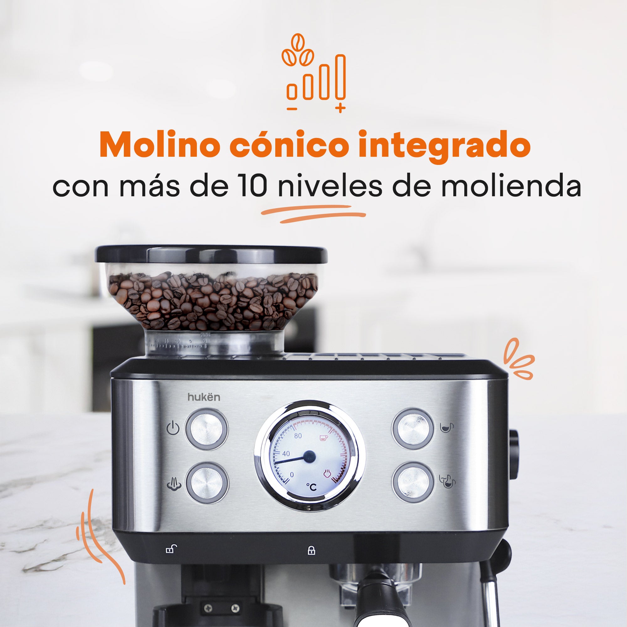 Máquina de Espresso BaristaPRO con Molino Integrado | 20 Bares de Presión | Grind&Brew Todo en Uno | Panel Digital con Termómetro | Espumador Profesional | 1.75L Acero Inoxidable | Hukën x MasterChef