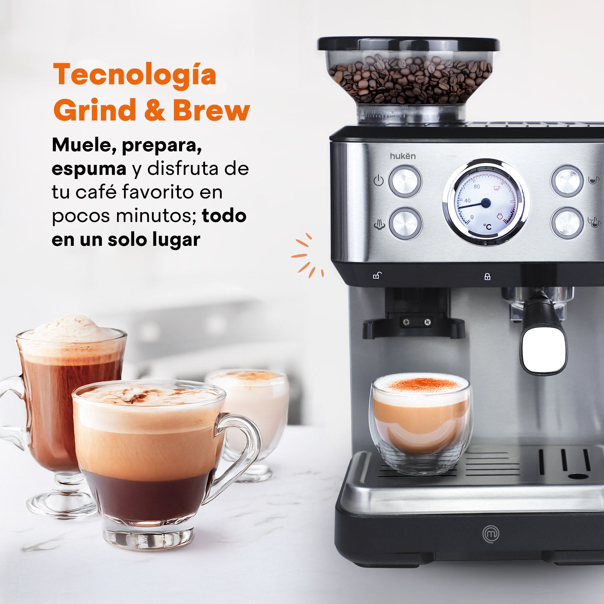 Máquina de Espresso BaristaPRO con Molino Integrado | 20 Bares de Presión | Grind&Brew Todo en Uno | Panel Digital con Termómetro | Espumador Profesional | 1.75L Acero Inoxidable | Hukën x MasterChef