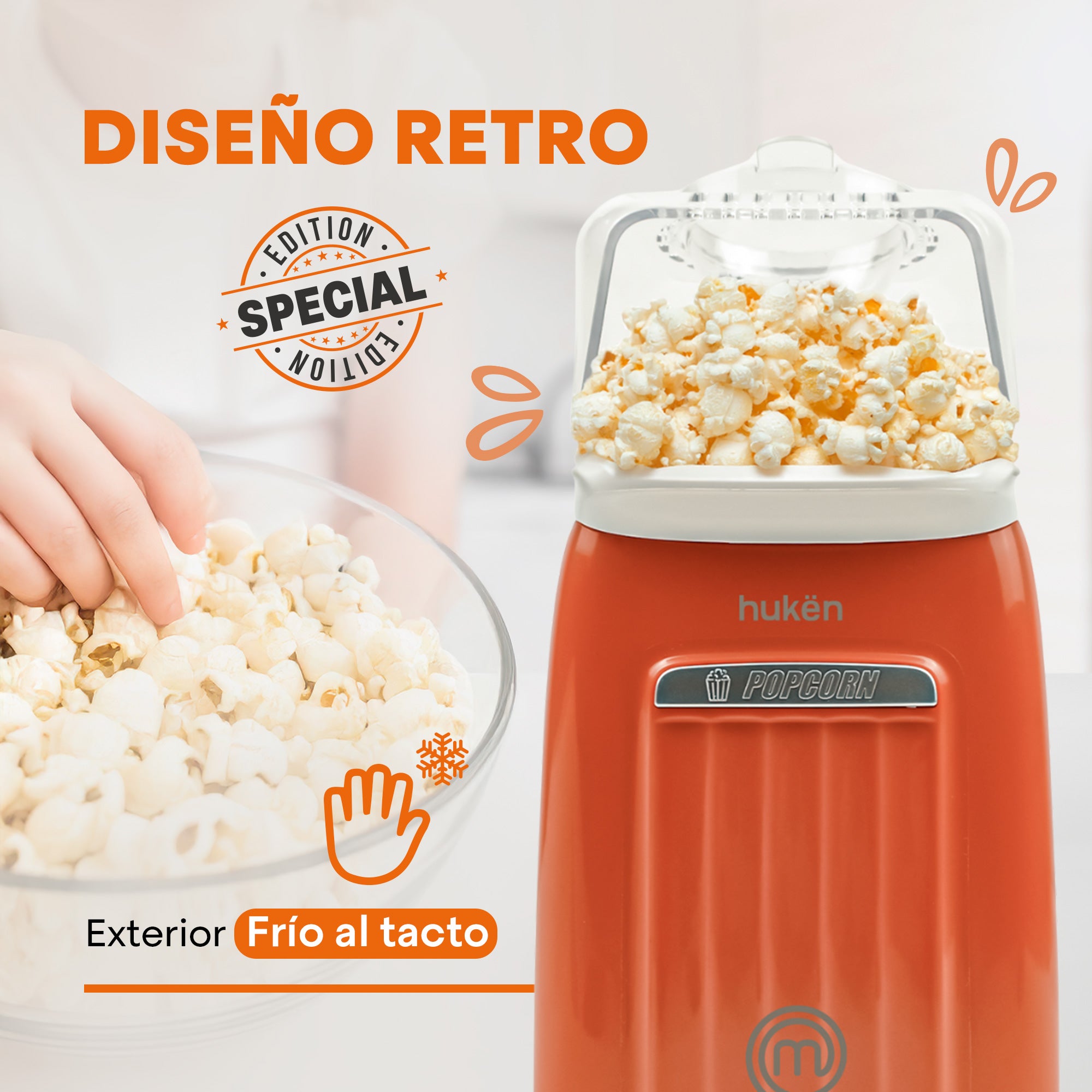 Máquina de Palomitas AirPop Retro 80g | Edición Especial Naranja | Tecnología de Aire Caliente | Calentamiento FLASH | Switch de Encendido | Protección Contra Sobrecalentamiento | Hukën x MasterChef