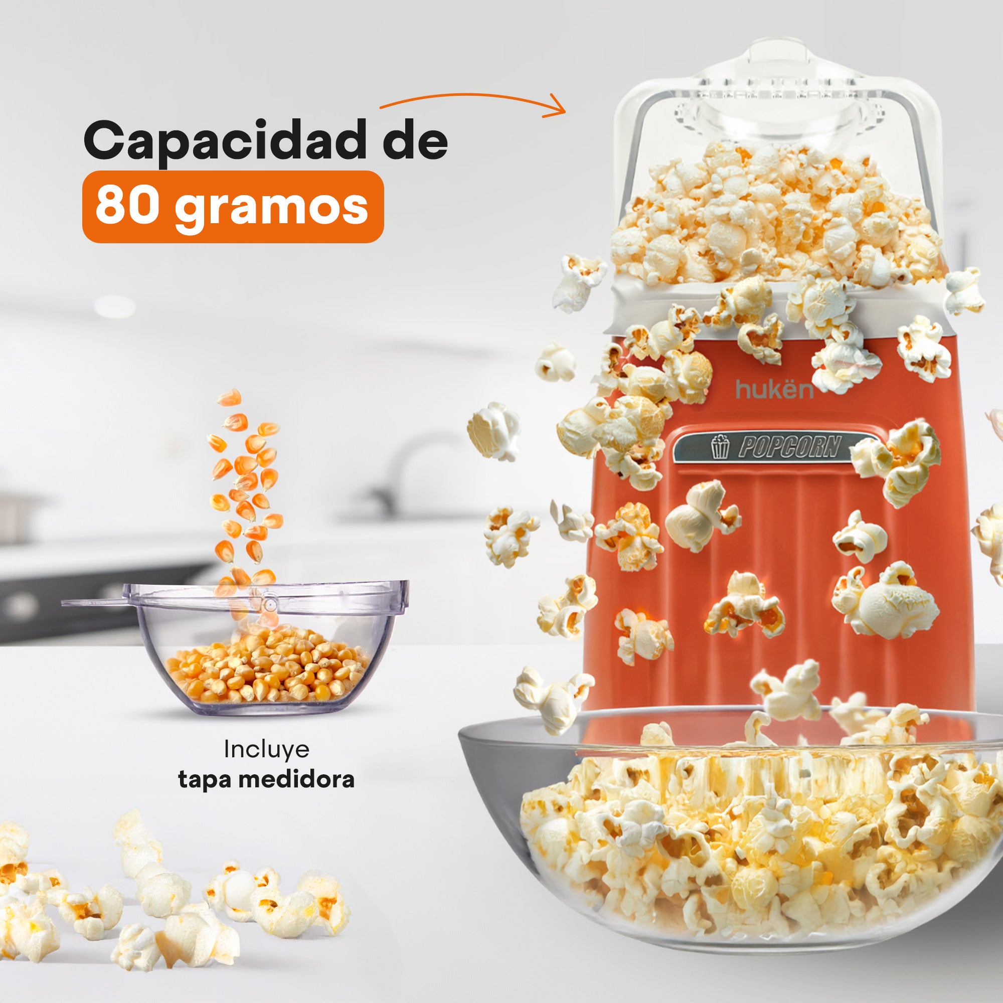 Máquina de Palomitas AirPop Retro 80g | Edición Especial Naranja | Tecnología de Aire Caliente | Calentamiento FLASH | Switch de Encendido | Protección Contra Sobrecalentamiento | Hukën x MasterChef