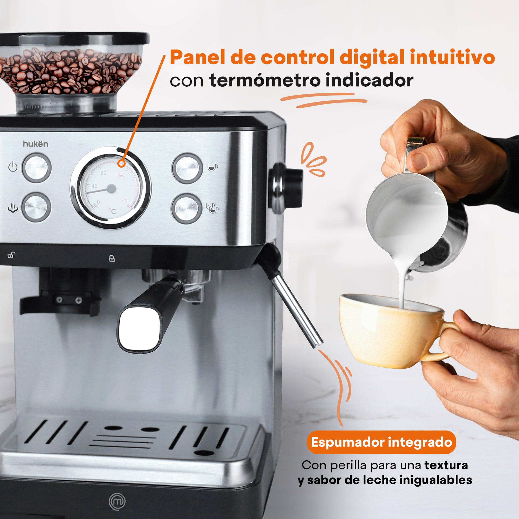 Máquina de Espresso BaristaPRO con Molino Integrado | 20 Bares de Presión | Grind&Brew Todo en Uno | Panel Digital con Termómetro | Espumador Profesional | 1.75L Acero Inoxidable | Hukën x MasterChef
