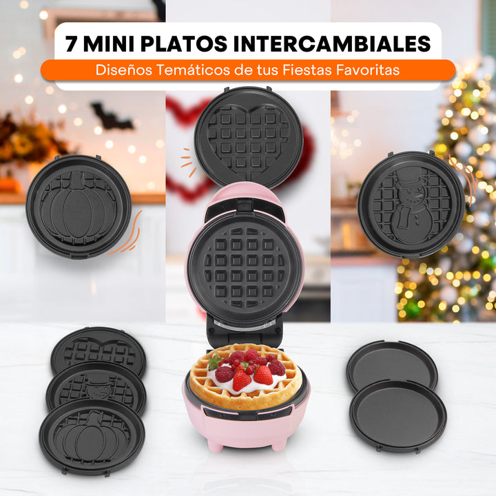 Set Mini Wafflera MultiMaker | 7 Platos Intercambiables | FLASH-COOK | Antiadherente | Luz Indicadora | Lavavajillas Seguro | Estuche Incluido | Hukën x MasterChef