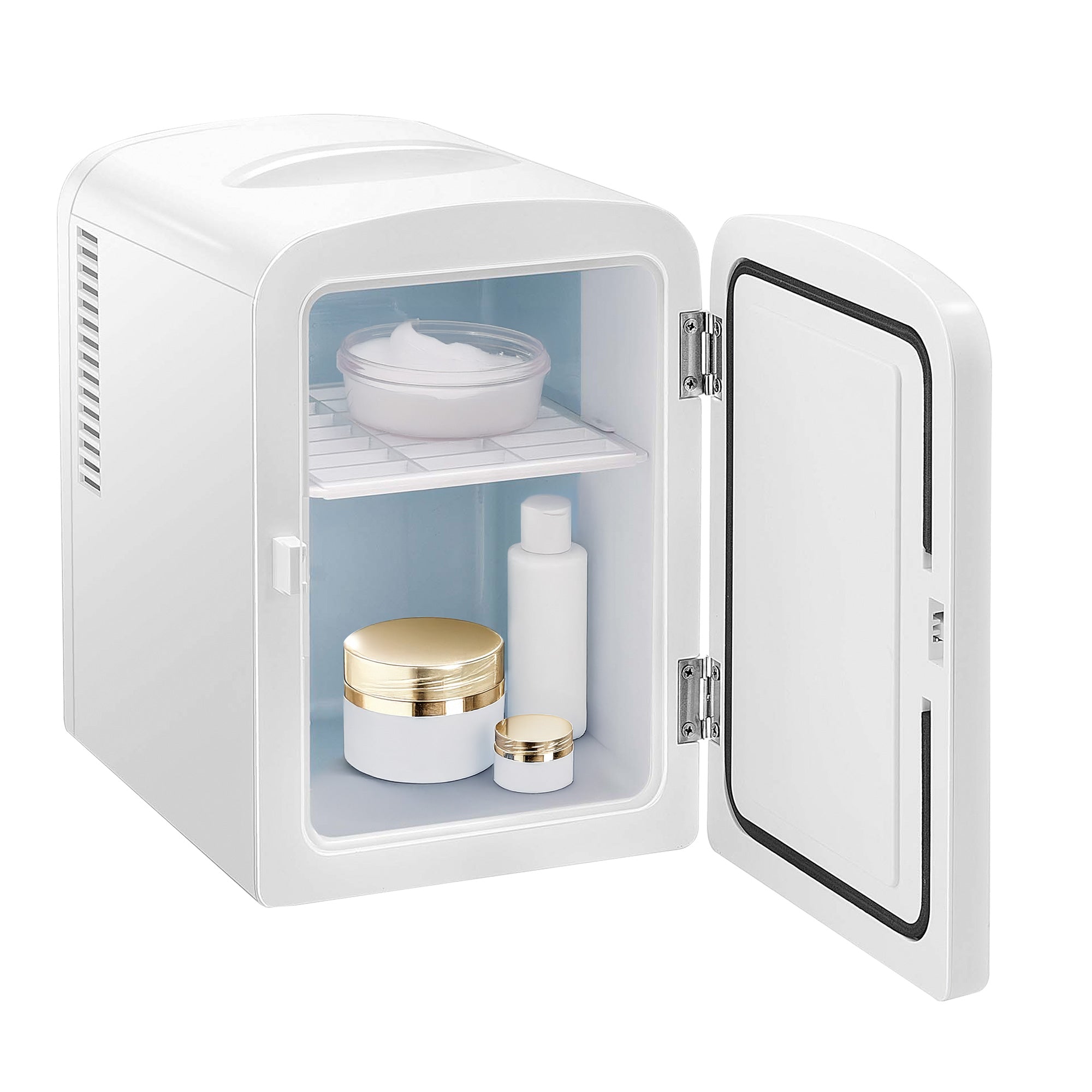 Mini Refrigerador Blanco FRESHLUX 4L | Skincare, Snacks o 6 Latas | Enfría y Calienta | Portátil y Compacto | Repisa Extraíble | Enchufes para Casa y Auto | Hukën
