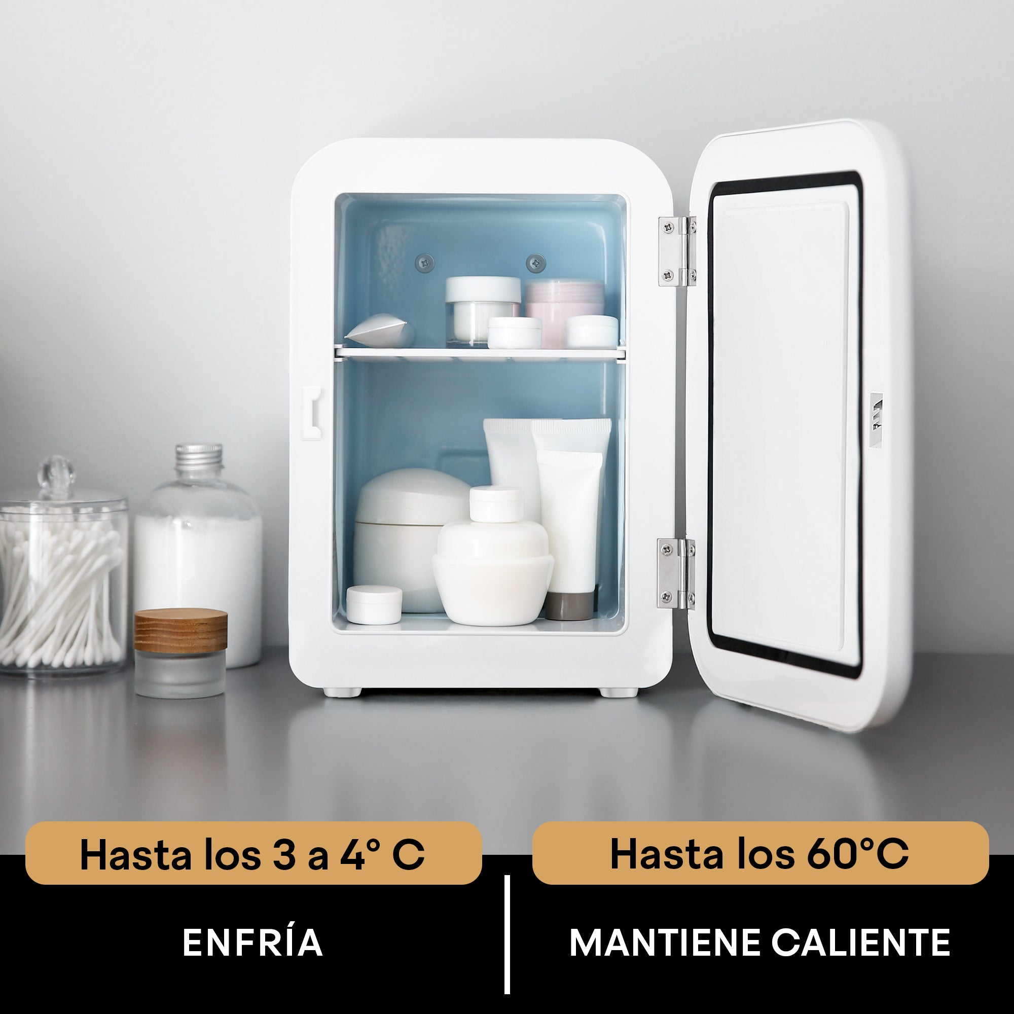 Mini Refrigerador Blanco FRESHLUX 4L | Skincare, Snacks o 6 Latas | Enfría y Calienta | Portátil y Compacto | Repisa Extraíble | Enchufes para Casa y Auto | Hukën