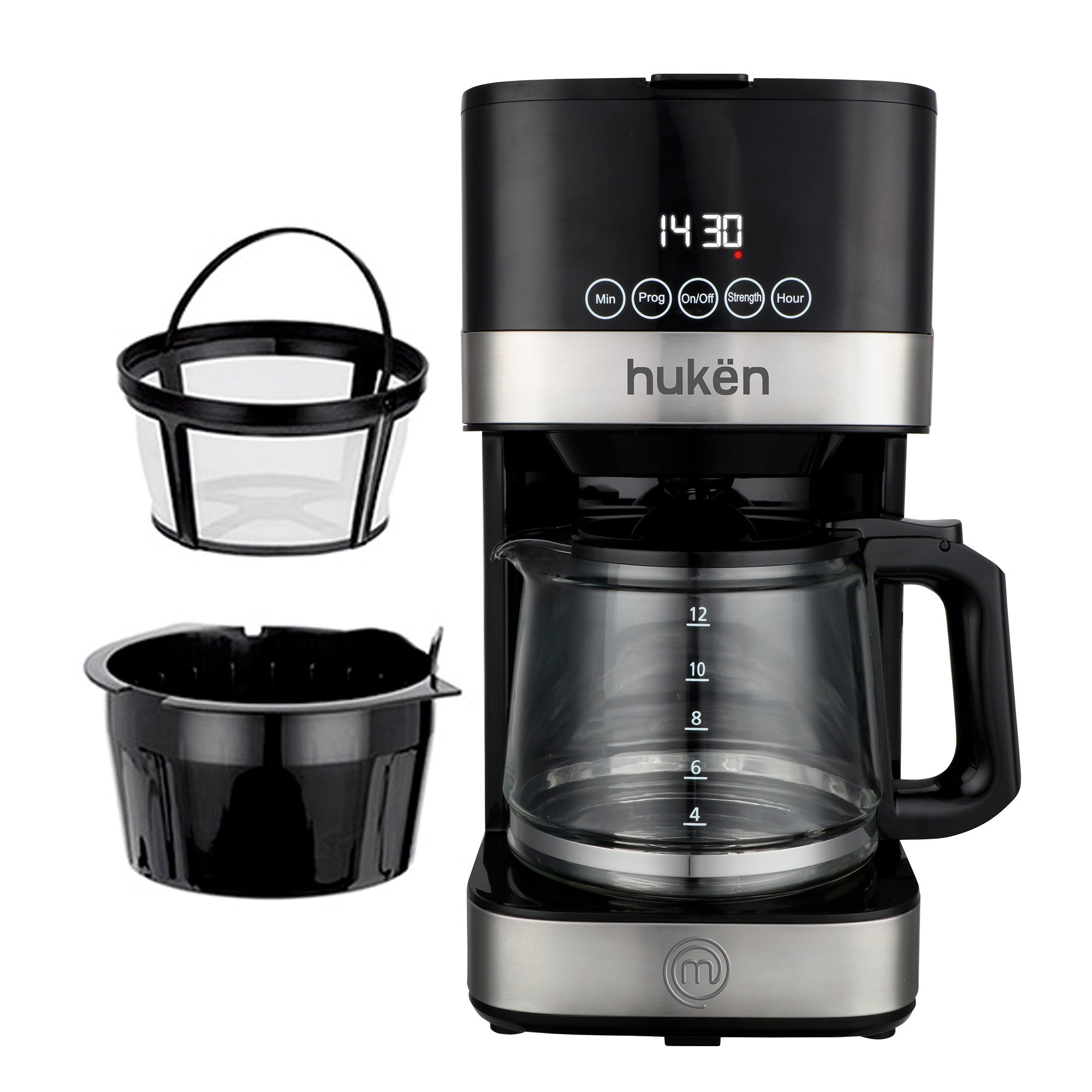 Cafetera Programable Smart-Brew 12 Tazas con Jarra de Vidrio Resistente | Panel Touch | Pausa para Servir | Reloj Digital | Acero Inoxidable | Hukën x MasterChef