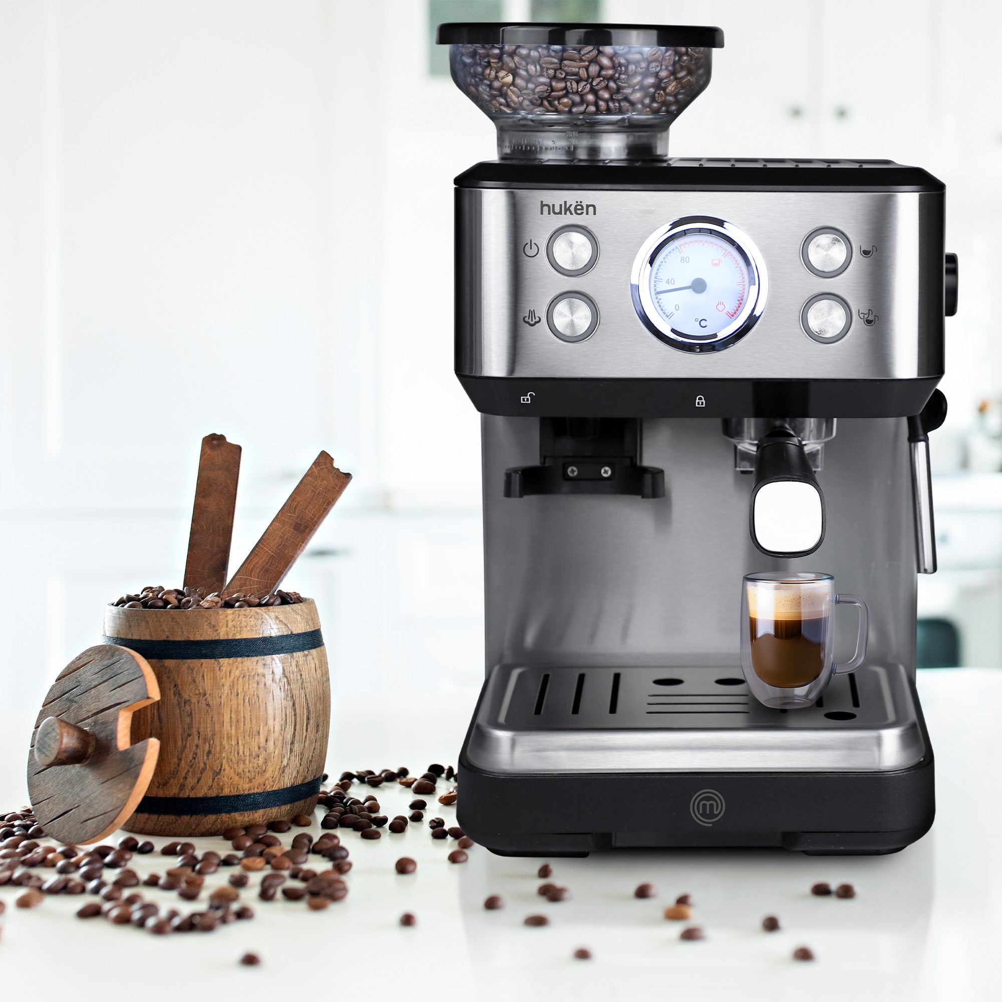 Máquina de Espresso BaristaPRO con Molino Integrado | 20 Bares de Presión | Grind&Brew Todo en Uno | Panel Digital con Termómetro | Espumador Profesional | 1.75L Acero Inoxidable | Hukën x MasterChef