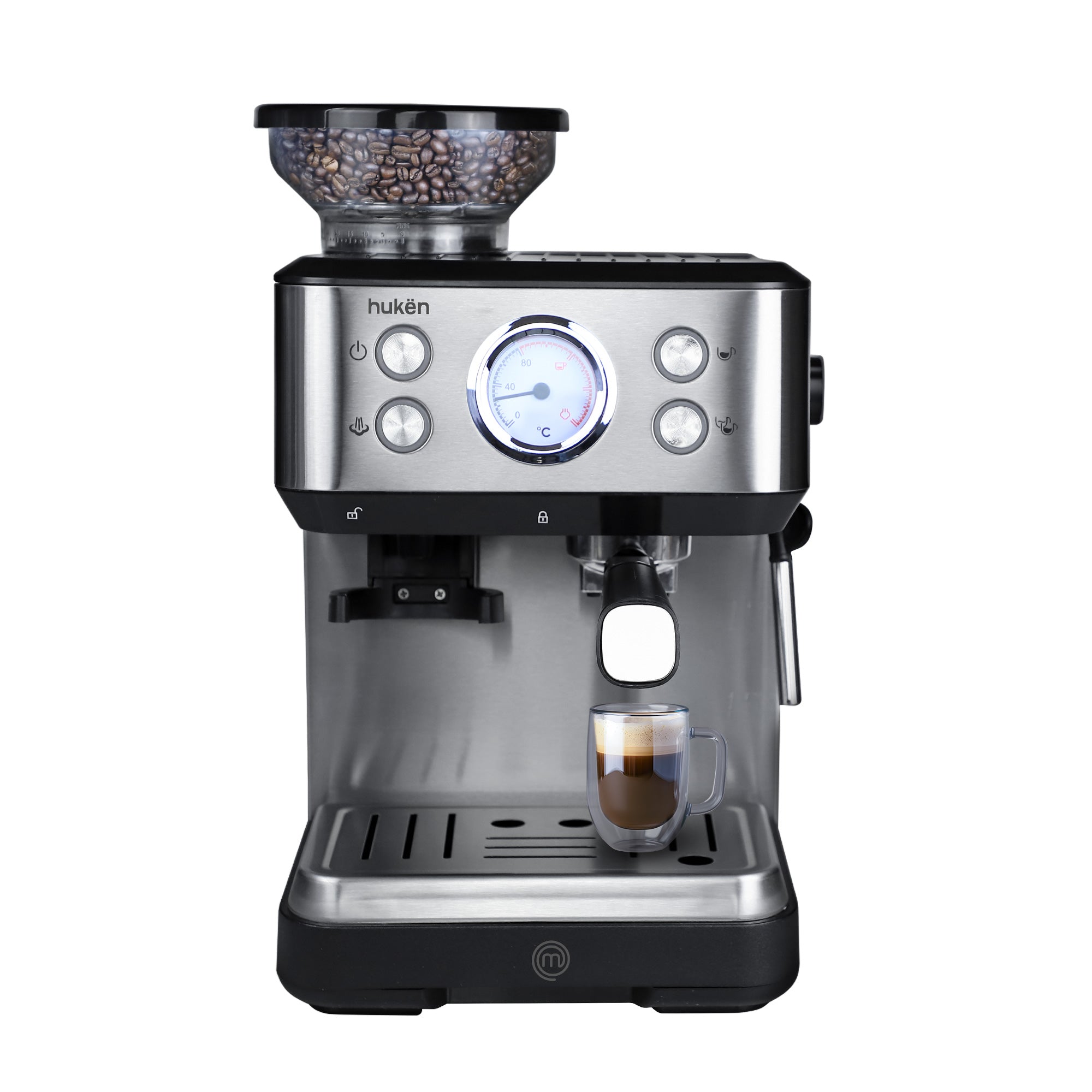 Máquina de Espresso BaristaPRO con Molino Integrado | 20 Bares de Presión | Grind&Brew Todo en Uno | Panel Digital con Termómetro | Espumador Profesional | 1.75L Acero Inoxidable | Hukën x MasterChef