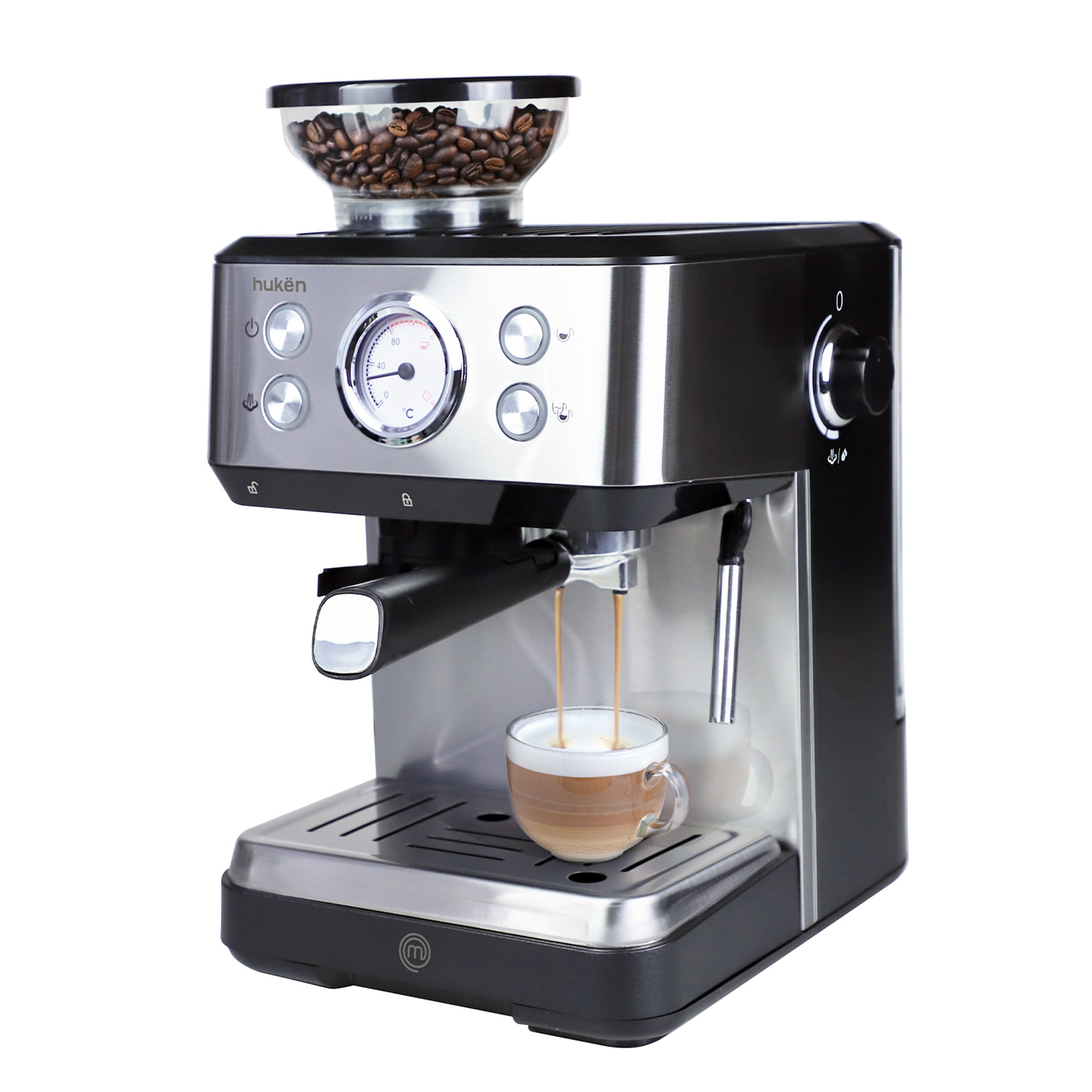 Máquina de Espresso BaristaPRO con Molino Integrado | 20 Bares de Presión | Grind&Brew Todo en Uno | Panel Digital con Termómetro | Espumador Profesional | 1.75L Acero Inoxidable | Hukën x MasterChef