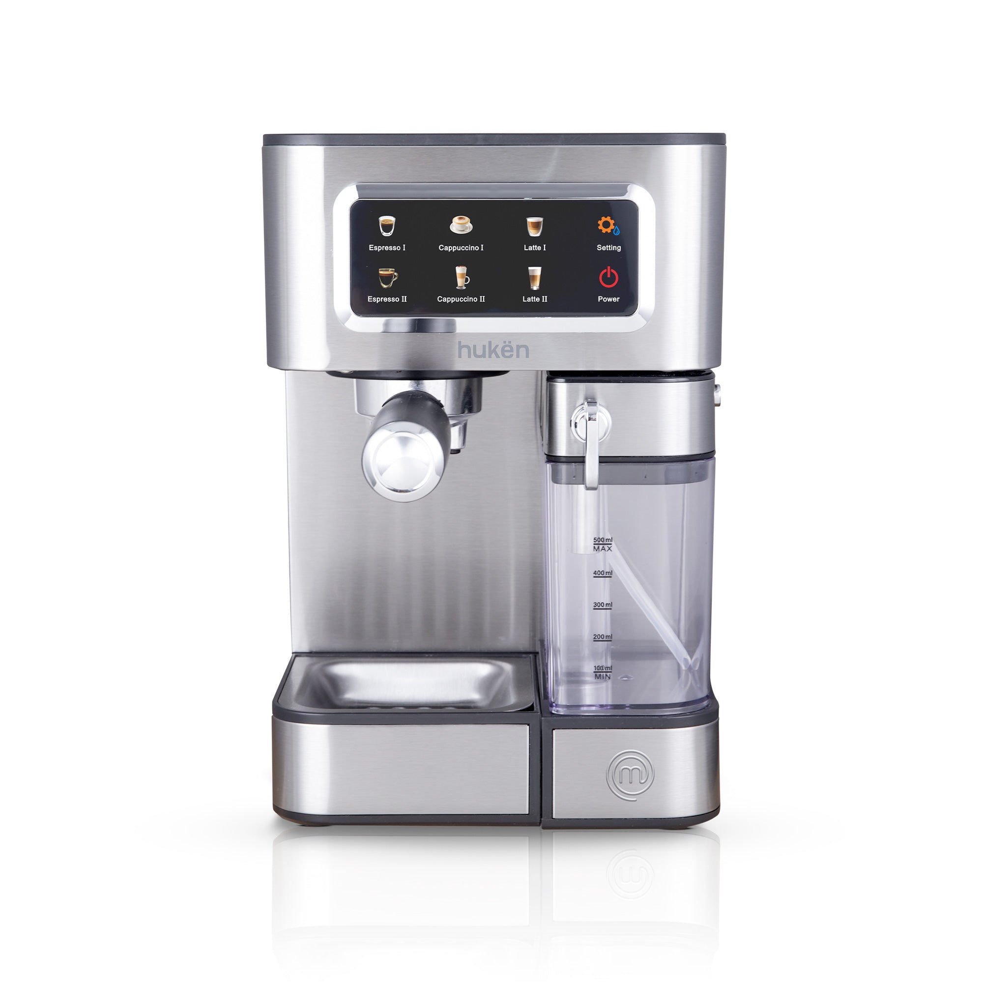 Cafetera Espresso BARISTA+ Automática | 15 Bares con Pump Italiano | Panel Touch a Color | Latte, Cappuccino, Espresso | Tanque de Leche Removible | 3 en 1: Café Molido, Pods y Cápsulas | 1.8L Acero | Hukën x MasterChef