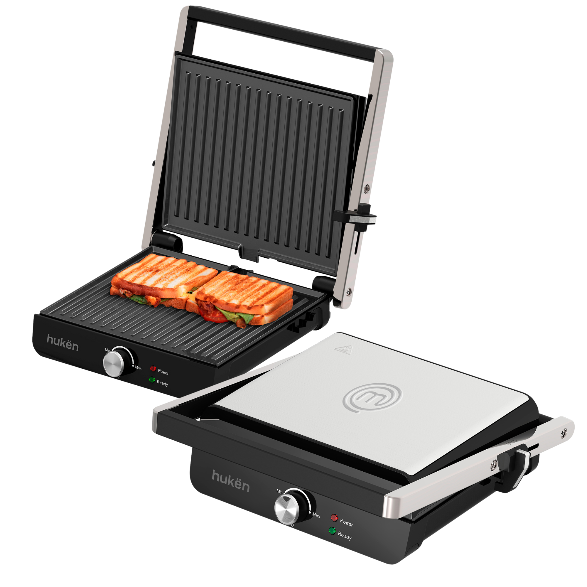 Parrilla Eléctrica Multifuncional XL GRILL PRO | Apertura 180° | Antiadherente | Perilla de Temperatura | Acero Inoxidable | Hukën x MasterChef