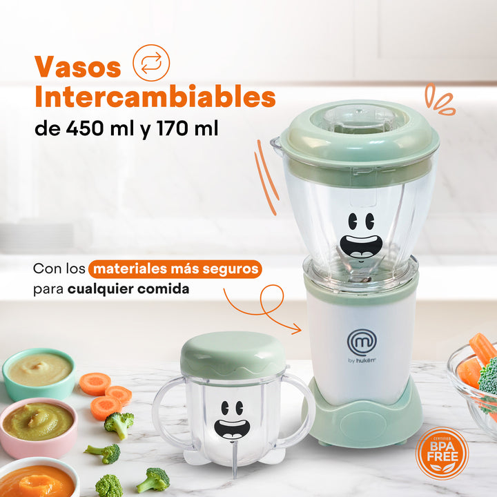 Set de Licuadora y Procesador Nutri Baby | Tazón 450ml + Vaso 170ml | 6 Contenedores con Fecha | Aspas para Papillas y Cereales | Bandeja para Congelar | Libre de BPA | Hukën x MasterChef