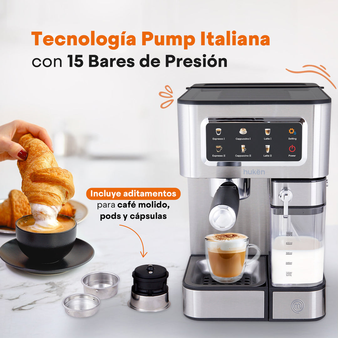 Cafetera Automática Barista+ | 15 Bares | Panel Touch | 1.8L | Máquina de Espresso | Compatible con Café Molido, Pods y Cápsulas