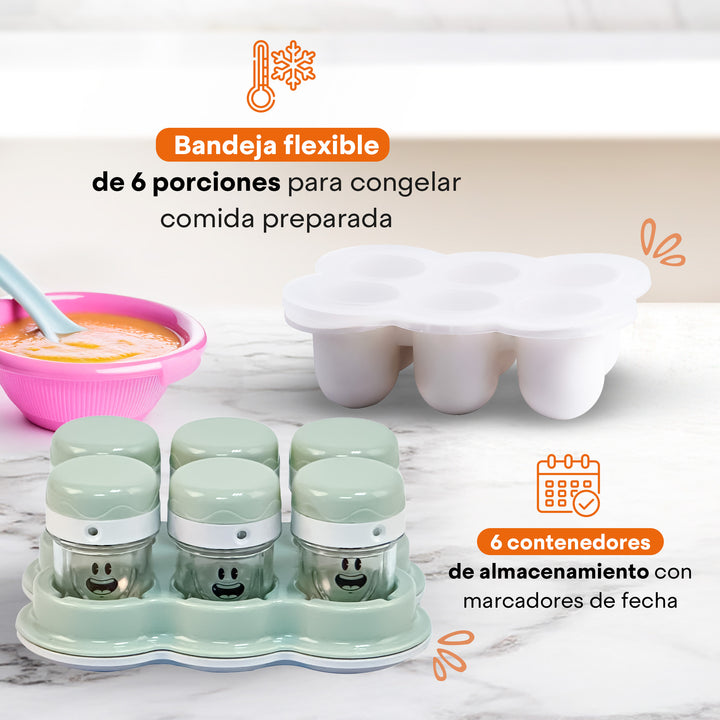 Set de Licuadora y Procesador Nutri Baby | Tazón 450ml + Vaso 170ml | 6 Contenedores con Fecha | Aspas para Papillas y Cereales | Bandeja para Congelar | Libre de BPA | Hukën x MasterChef