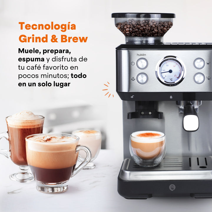 Máquina de Espresso con Molino BaristaPro, 20 Bares, Espumador de Leche, Tanque de 1.5L