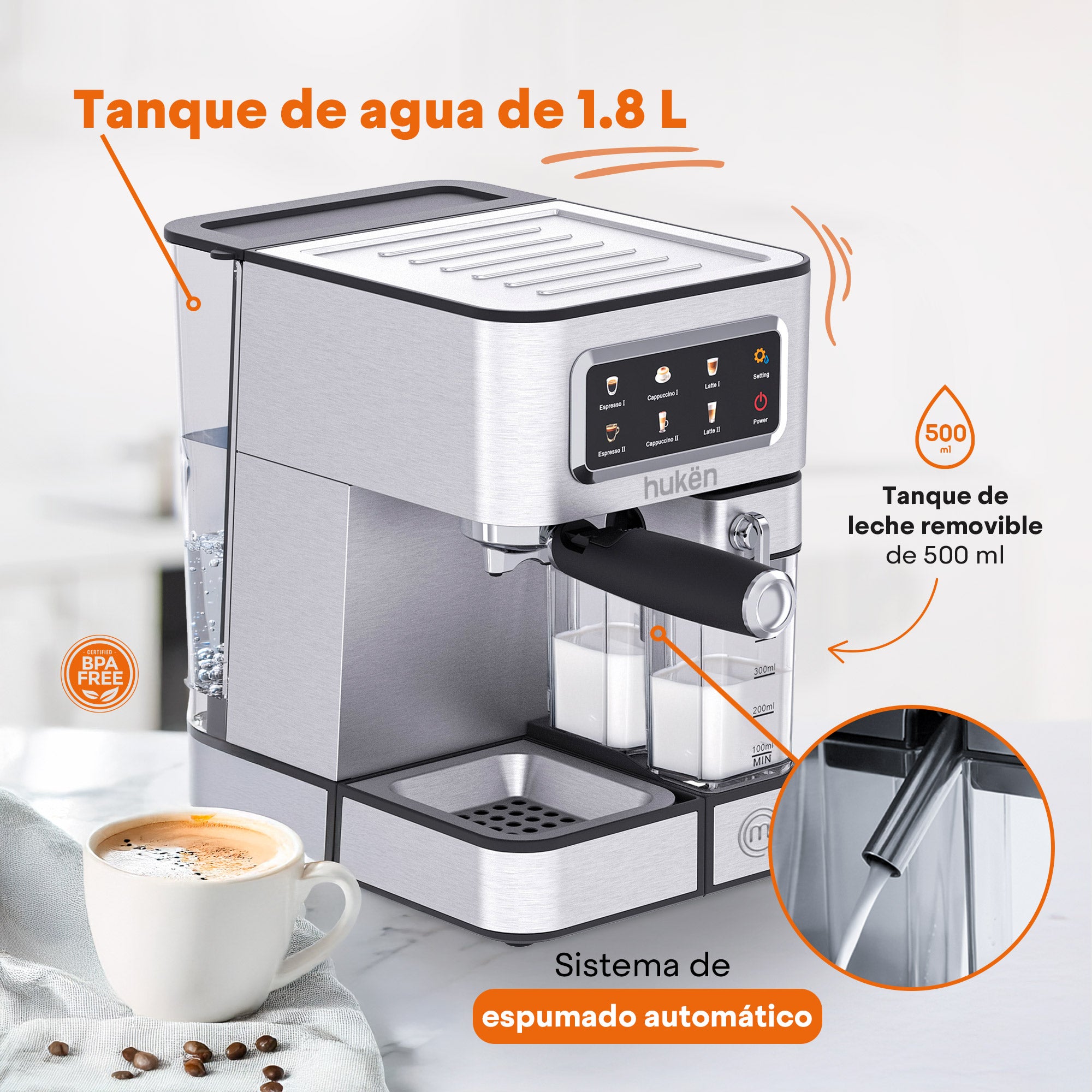 Cafetera Automática Barista+ | 15 Bares | Panel Touch | 1.8L | Máquina de Espresso | Compatible con Café Molido, Pods y Cápsulas