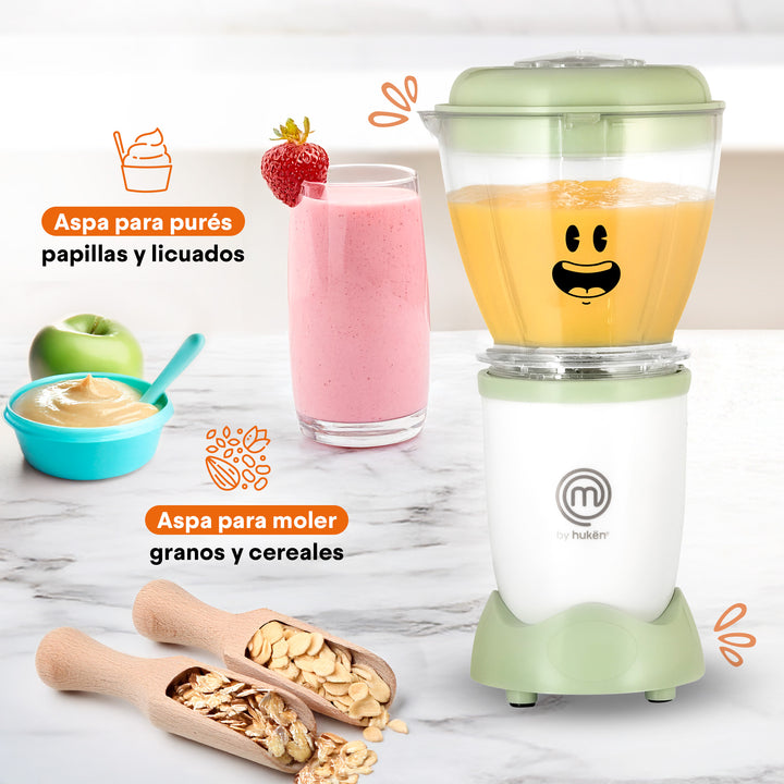 Set de Licuadora y Procesador Nutri Baby | Tazón 450ml + Vaso 170ml | 6 Contenedores con Fecha | Aspas para Papillas y Cereales | Bandeja para Congelar | Libre de BPA | Hukën x MasterChef
