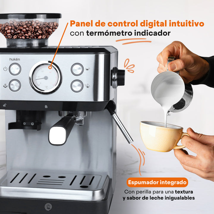 Máquina de Espresso con Molino BaristaPro, 20 Bares, Espumador de Leche, Tanque de 1.5L