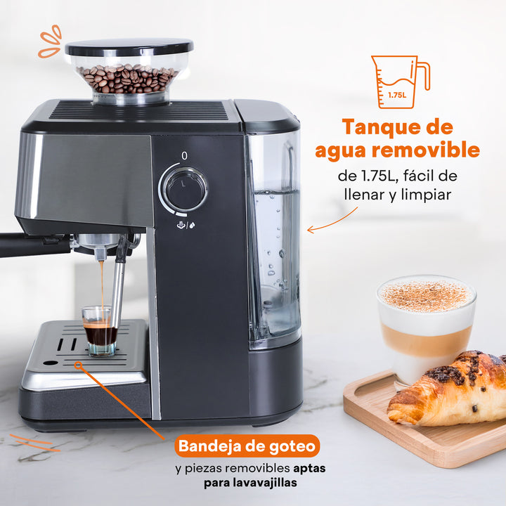 Máquina de Espresso con Molino BaristaPro, 20 Bares, Espumador de Leche, Tanque de 1.5L