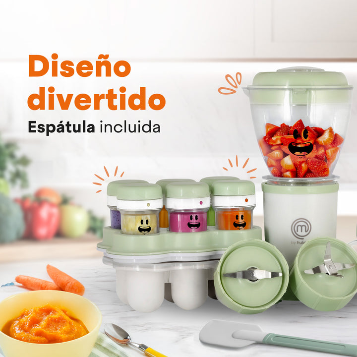 Set de Licuadora y Procesador Nutri Baby | Tazón 450ml + Vaso 170ml | 6 Contenedores con Fecha | Aspas para Papillas y Cereales | Bandeja para Congelar | Libre de BPA | Hukën x MasterChef