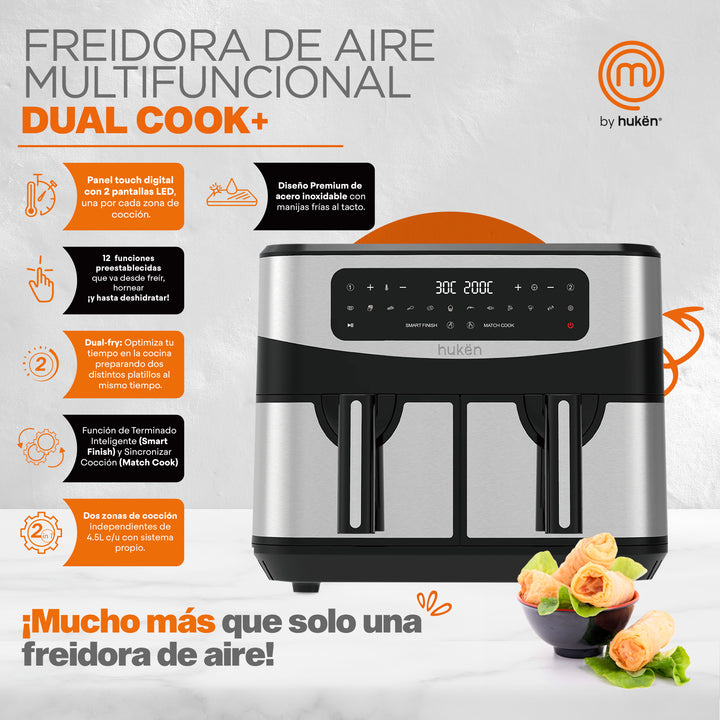 Freidora de Aire Multifuncional Dual Cook+  |  2 en 1 | Air Fryer | 9 Litros | Dual-Fry | Touch | Acero Inoxidable | MasterChef® by Hukën®