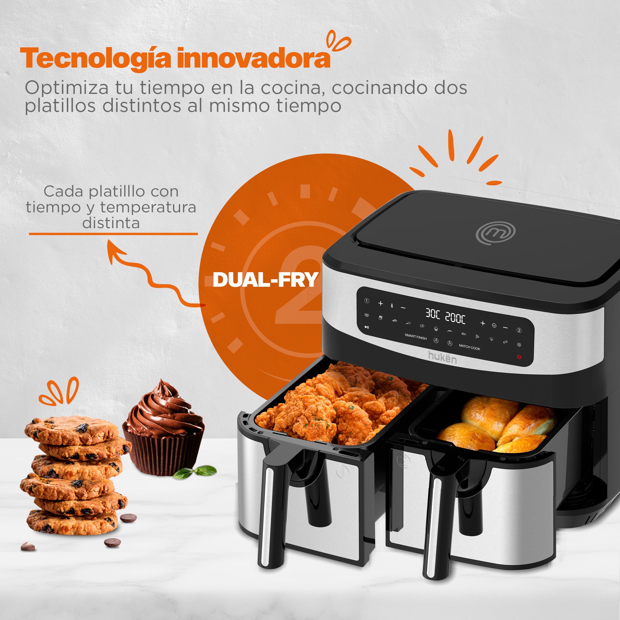 Dual Cook+ Multifunctional Air Fryer | 2-in-1 | Air Fryer | 9 Liters | Dual-Fry | Touch | Stainless Steel | MasterChef® by Hukën®