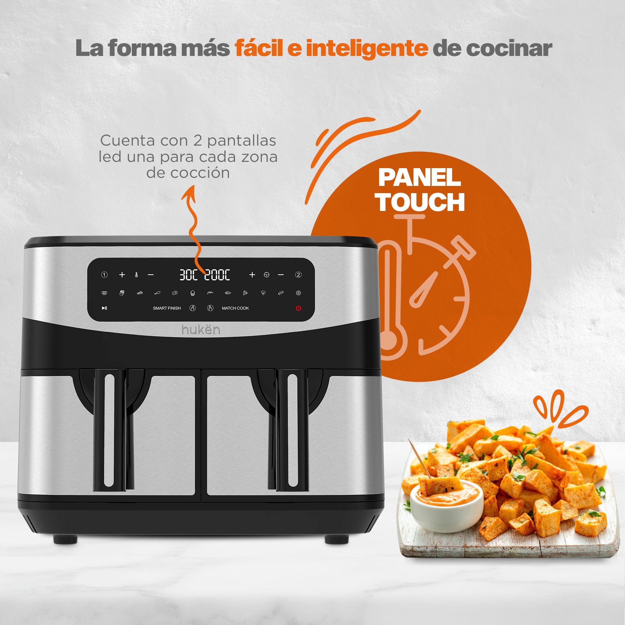 Dual Cook+ Multifunctional Air Fryer | 2-in-1 | Air Fryer | 9 Liters | Dual-Fry | Touch | Stainless Steel | MasterChef® by Hukën®