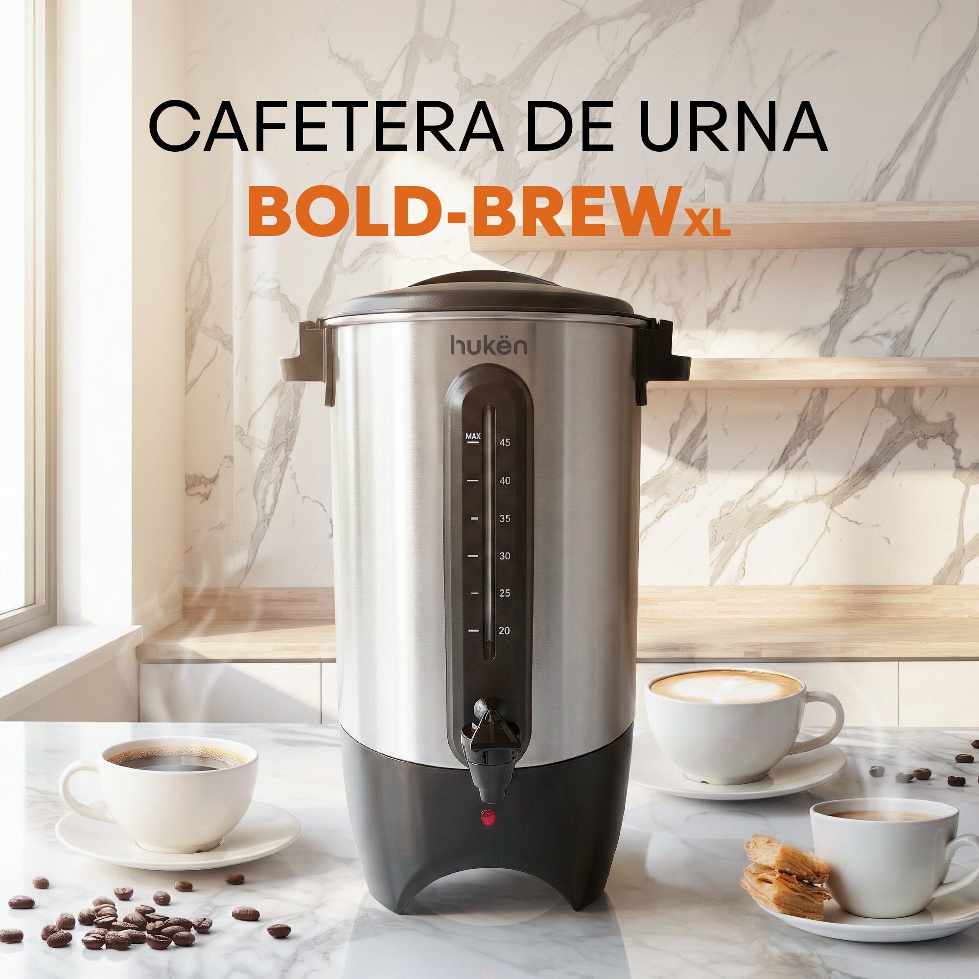 Cafetera de Urna Bold-Brew XL 45 Tazas con Filtro Permanente | Cuerpo Acero Inox | Asas Frías al Tacto | Hukën x MasterChef
