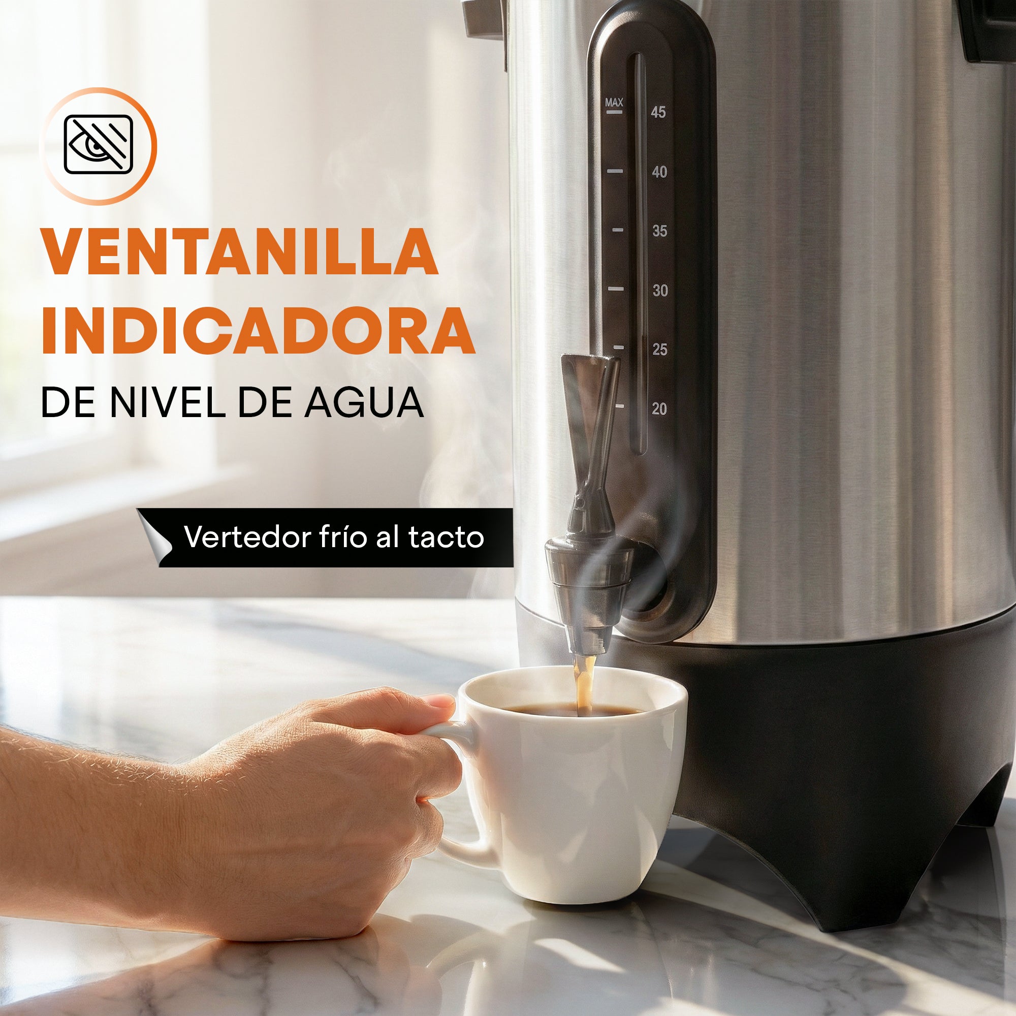 Cafetera de Urna Bold-Brew XL 45 Tazas con Filtro Permanente | Cuerpo Acero Inox | Asas Frías al Tacto | Hukën x MasterChef
