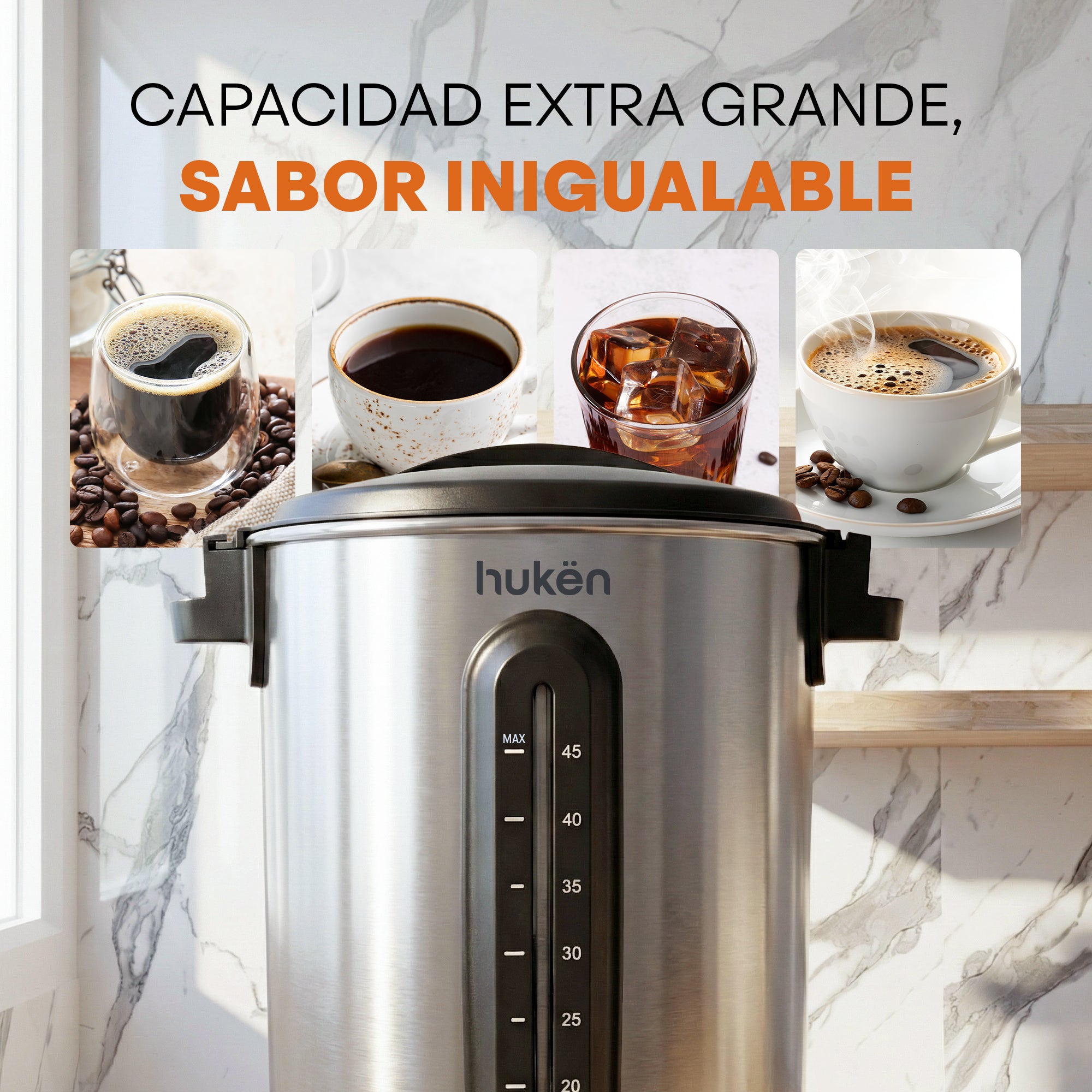 Cafetera de Urna Bold-Brew XL 45 Tazas con Filtro Permanente | Cuerpo Acero Inox | Asas Frías al Tacto | Hukën x MasterChef