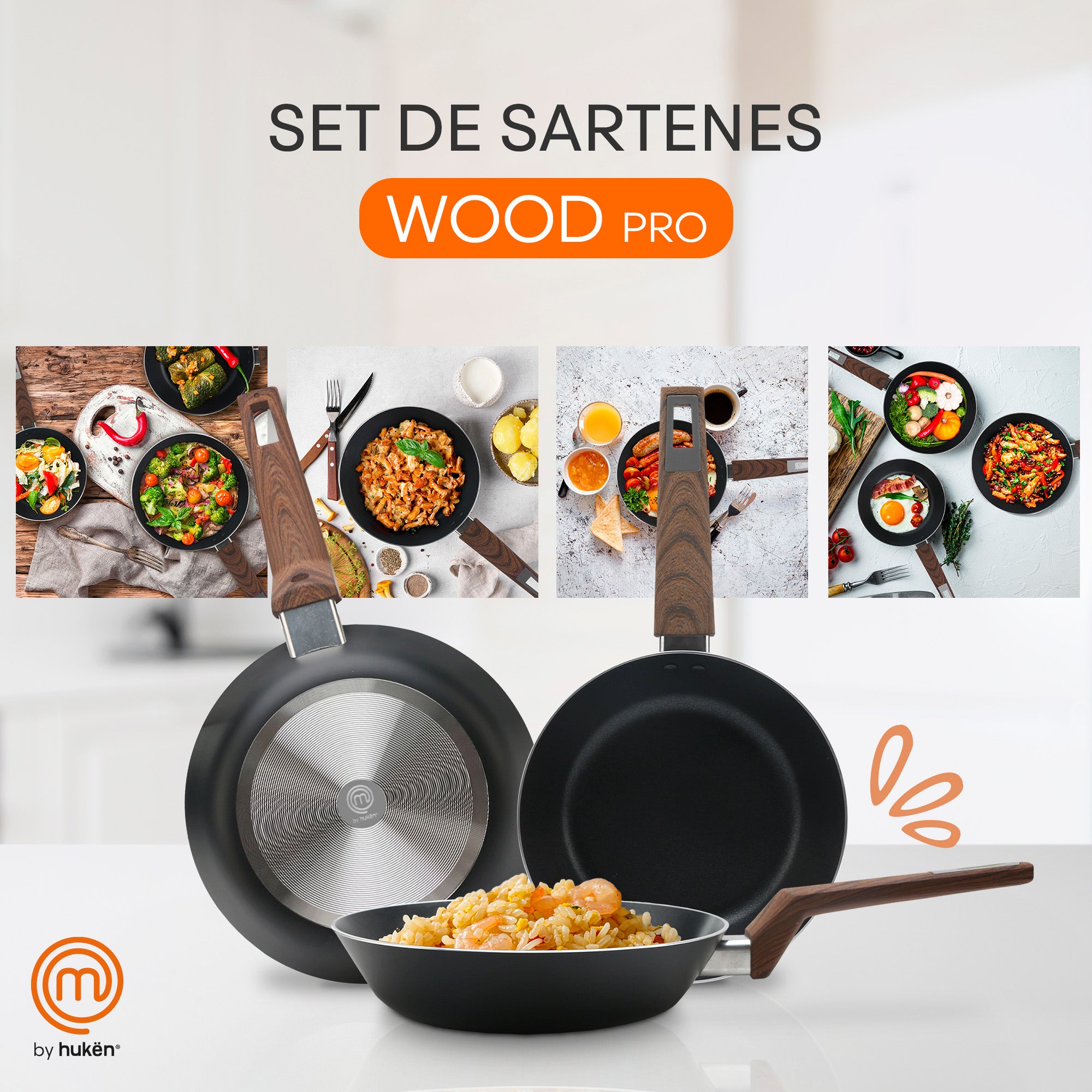 Set de Sartenes Wood Pro (20cm, 24cm, 28cm) | Antiadherente | Mango Suave y Frío al Tacto | Calentamiento Rápido | Aluminio Forjado | Libre de PFOA | Hukën x MasterChef