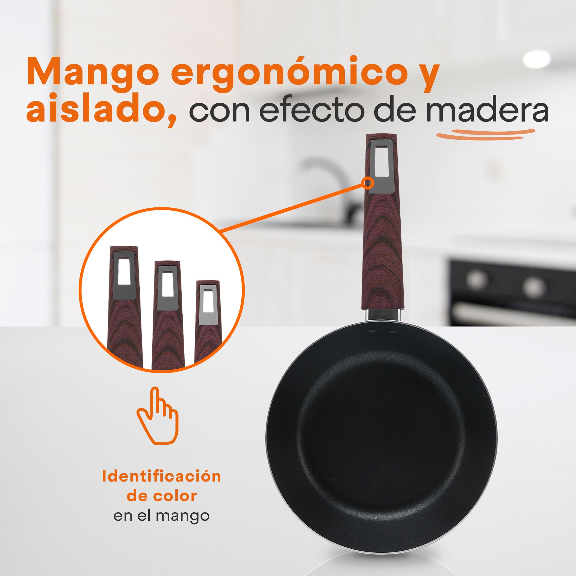 Set de Sartenes Wood Pro (20cm, 24cm, 28cm) | Antiadherente | Mango Suave y Frío al Tacto | Calentamiento Rápido | Aluminio Forjado | Libre de PFOA | Hukën x MasterChef