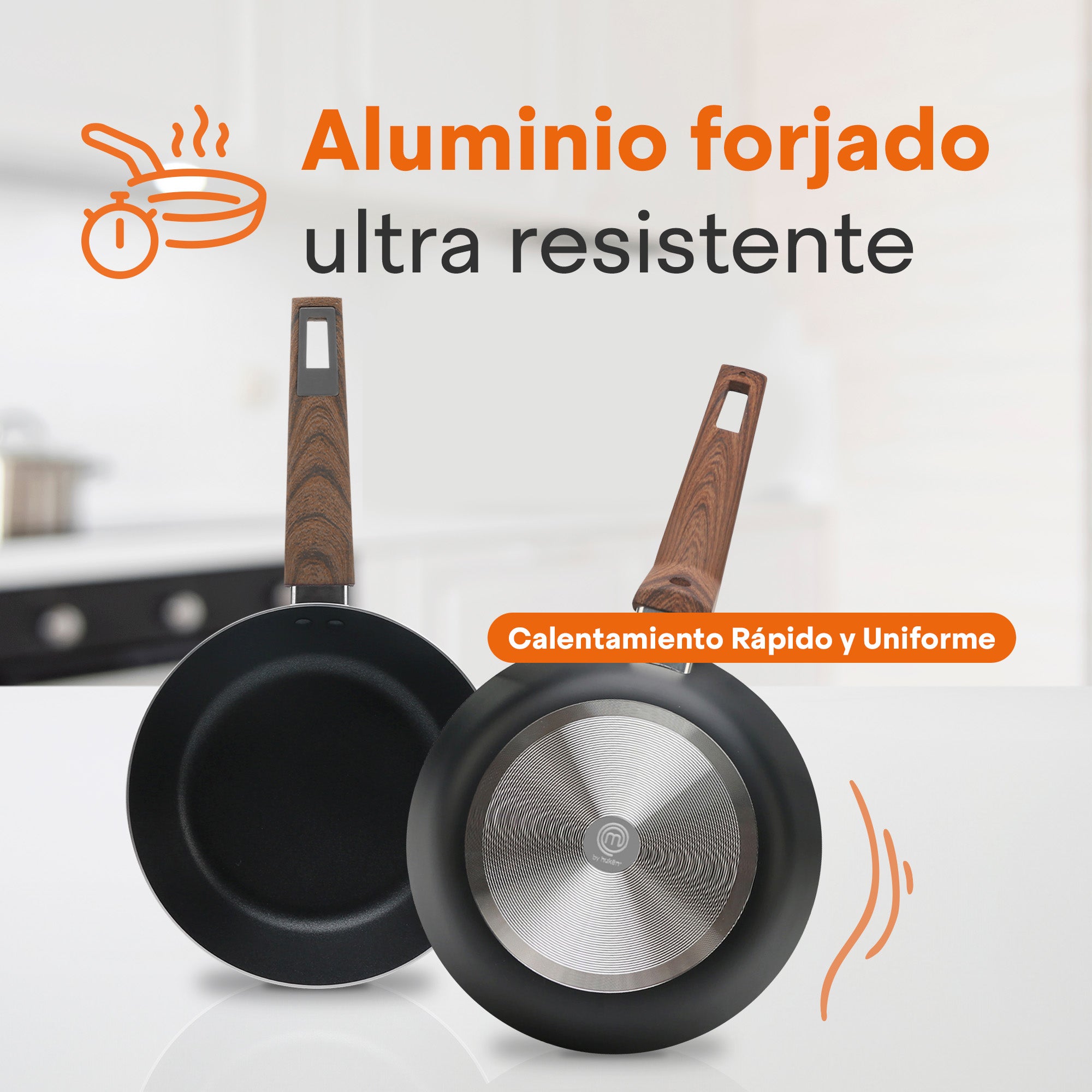 Set de Sartenes Wood Pro (20cm, 24cm, 28cm) | Antiadherente | Mango Suave y Frío al Tacto | Calentamiento Rápido | Aluminio Forjado | Libre de PFOA | Hukën x MasterChef