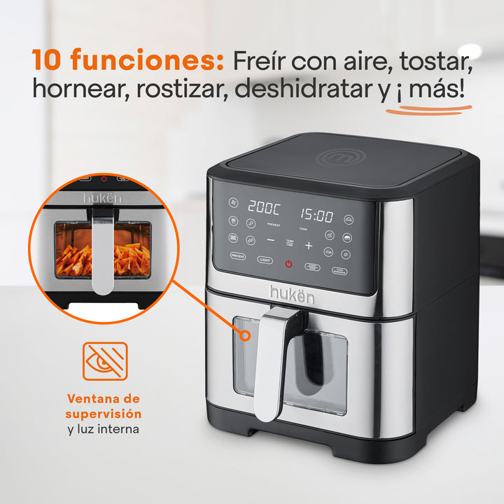 Freidora de Aire Digital, 8 Litros, +10 Funciones, Acabado en Acero Inoxidable