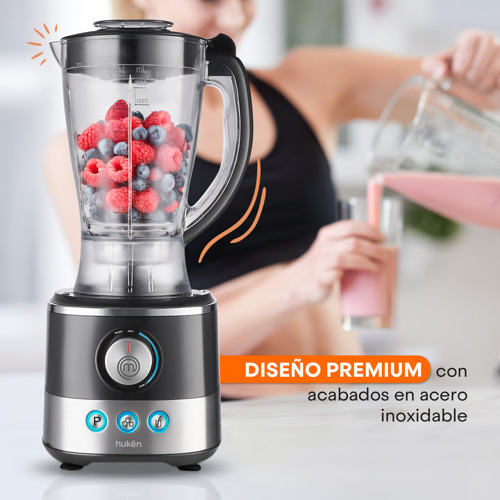 Sistema de Cocina ChefDeluxe 650W | Panel Digital con 3 Programas | Perilla LED | Jarra Licuadora 1.75L y Tazón Procesador 1.2L | Licúa, Rebana, Tritura y Más | 10+ Accesorios Libres de BPA | Hukën x MasterChef