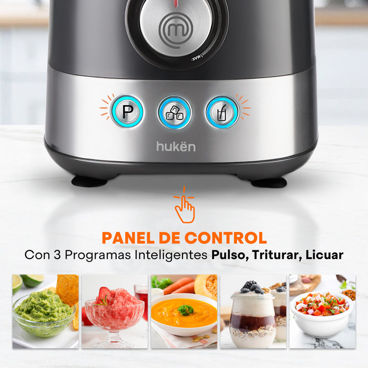 Sistema de Cocina ChefDeluxe 650W | Panel Digital con 3 Programas | Perilla LED | Jarra Licuadora 1.75L y Tazón Procesador 1.2L | Licúa, Rebana, Tritura y Más | 10+ Accesorios Libres de BPA | Hukën x MasterChef