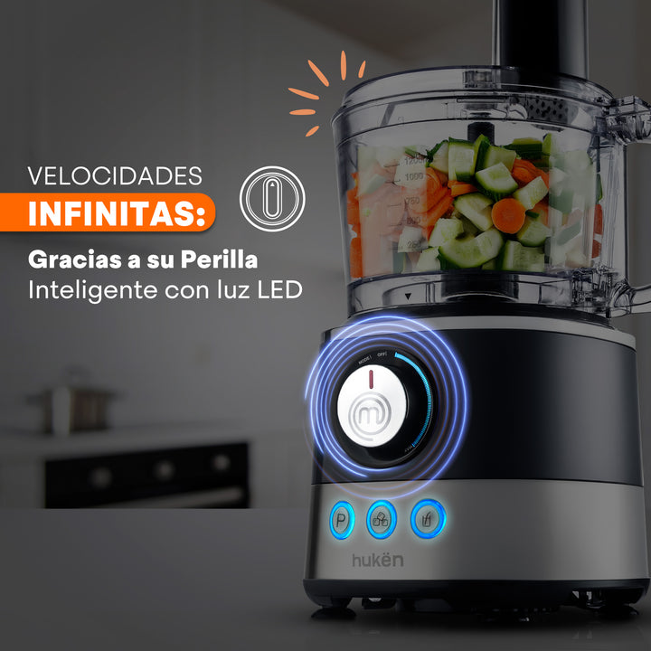 Sistema de Cocina ChefDeluxe 650W | Panel Digital con 3 Programas | Perilla LED | Jarra Licuadora 1.75L y Tazón Procesador 1.2L | Licúa, Rebana, Tritura y Más | 10+ Accesorios Libres de BPA | Hukën x MasterChef