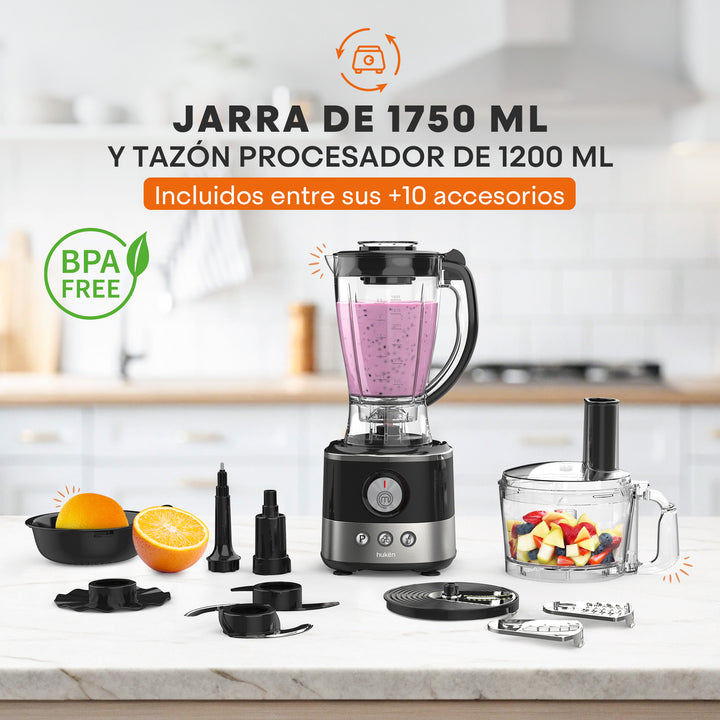 Sistema de Cocina ChefDeluxe 650W | Panel Digital con 3 Programas | Perilla LED | Jarra Licuadora 1.75L y Tazón Procesador 1.2L | Licúa, Rebana, Tritura y Más | 10+ Accesorios Libres de BPA | Hukën x MasterChef