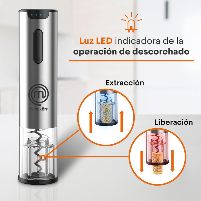 MasterChef® | Descorchador Eléctrico Recargable | Acero Inoxidable | Indicador de batería