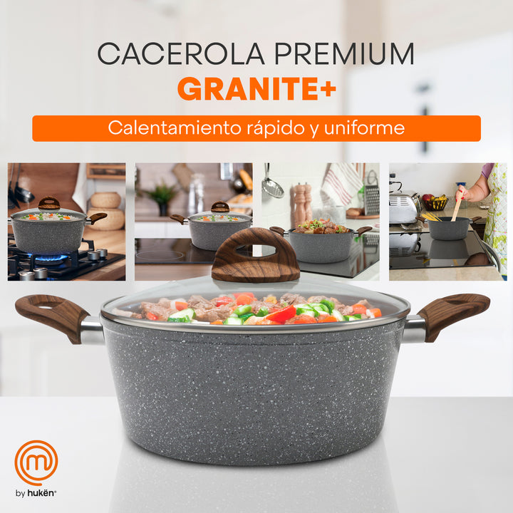 Olla Granite+ Antiadherente 2.6L | Tapa de Vidrio | Asas Suaves y Frías al Tacto | Compatible con Inducción | Aluminio Forjado | Libre de PFOA | Hukën x MasterChef