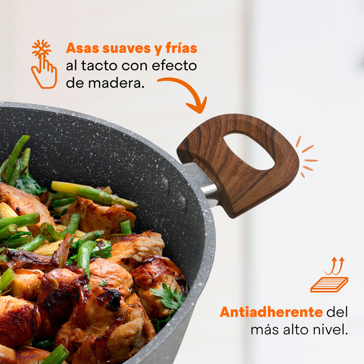 Olla Granite+ Antiadherente 2.6L | Tapa de Vidrio | Asas Suaves y Frías al Tacto | Compatible con Inducción | Aluminio Forjado | Libre de PFOA | Hukën x MasterChef