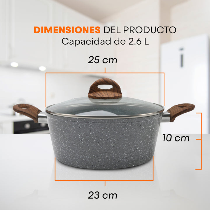Olla Granite+ Antiadherente 2.6L | Tapa de Vidrio | Asas Suaves y Frías al Tacto | Compatible con Inducción | Aluminio Forjado | Libre de PFOA | Hukën x MasterChef