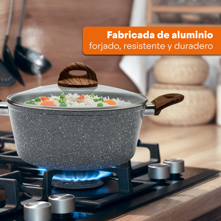 Olla Granite+ Antiadherente 2.6L | Tapa de Vidrio | Asas Suaves y Frías al Tacto | Compatible con Inducción | Aluminio Forjado | Libre de PFOA | Hukën x MasterChef