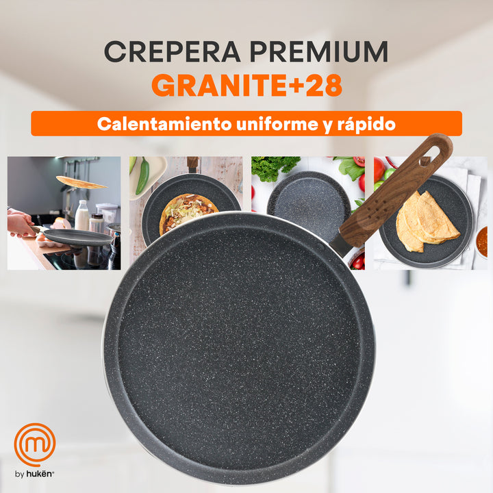 Crepera Granite+ Antiadherente 28cm | Mango Suave y Frío al Tacto | Calentamiento Rápido | Compatible con Inducción | Aluminio Forjado | Libre de PFOA | Hukën x MasterChef
