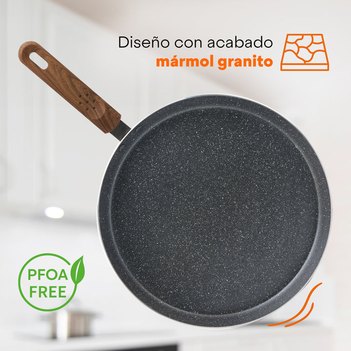 Crepera Granite+ Antiadherente 28cm | Mango Suave y Frío al Tacto | Calentamiento Rápido | Compatible con Inducción | Aluminio Forjado | Libre de PFOA | Hukën x MasterChef