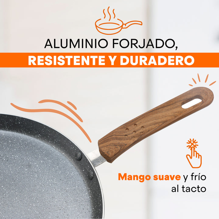 Crepera Granite+ Antiadherente 28cm | Mango Suave y Frío al Tacto | Calentamiento Rápido | Compatible con Inducción | Aluminio Forjado | Libre de PFOA | Hukën x MasterChef