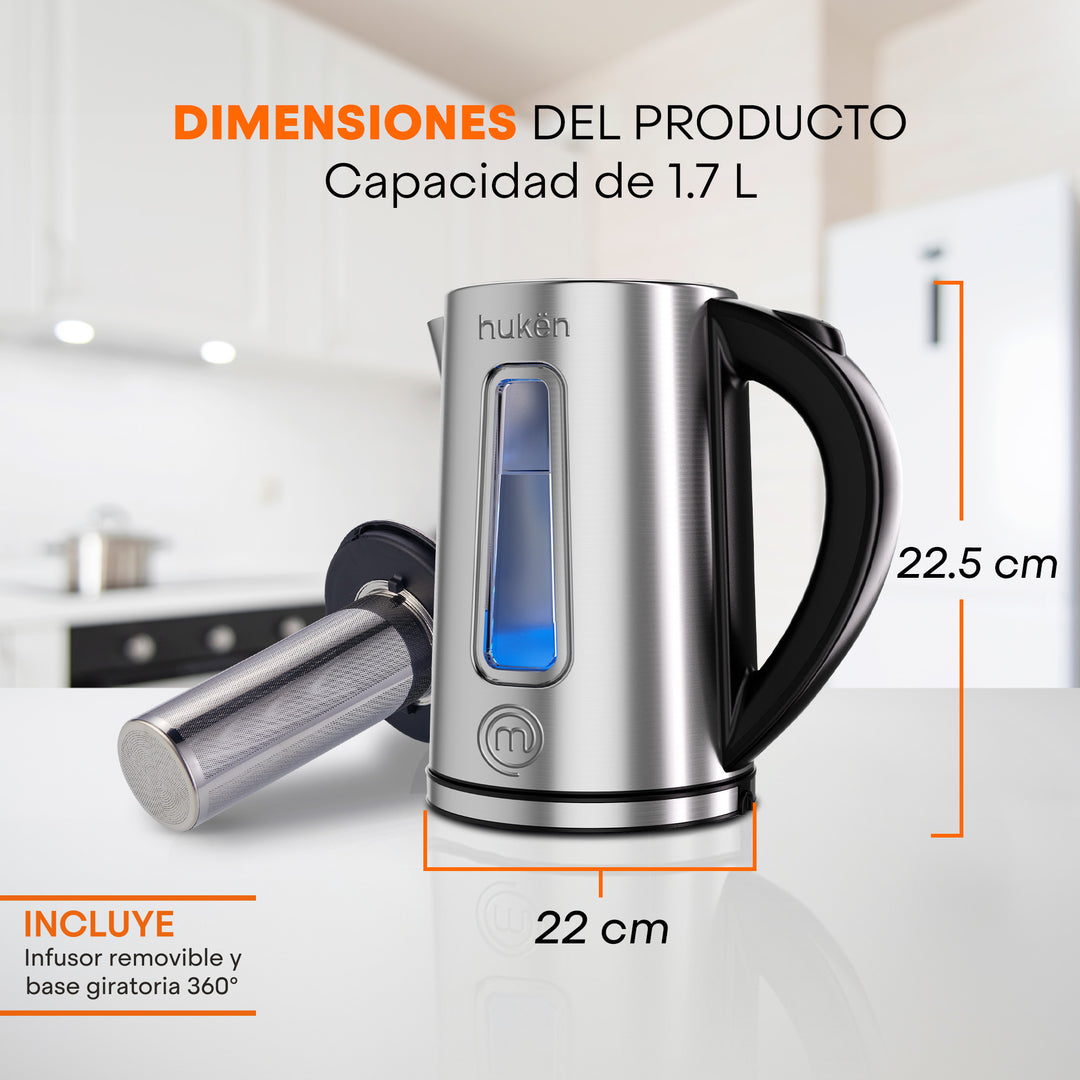 Tetera Eléctrica Steel-Fuse con Infusor | Hervidor de Agua | 1.7 Litros | Acero Inoxidable con Ventana