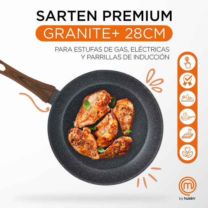 Hukën Masterchef |Sartén Premium Granite+ 28CM | Aluminio Forjado | Mango Ergonómico y Aislado | Versátil